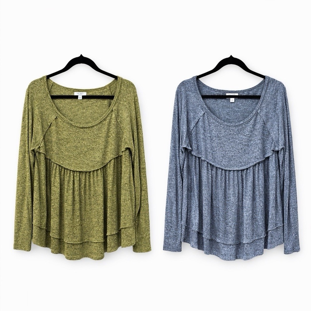 True Craft Long‎ Sleeve Baby Doll Knit Tops (2) Blue & Green Empire Waist 1X/2X
